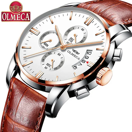 OLMECA новые черные мужские часы из нержавеющей стали relogio masculino роскошные брендовые аналоговые спортивные наручные часы кварцевые деловые часы - Цвет: Leather Rose White