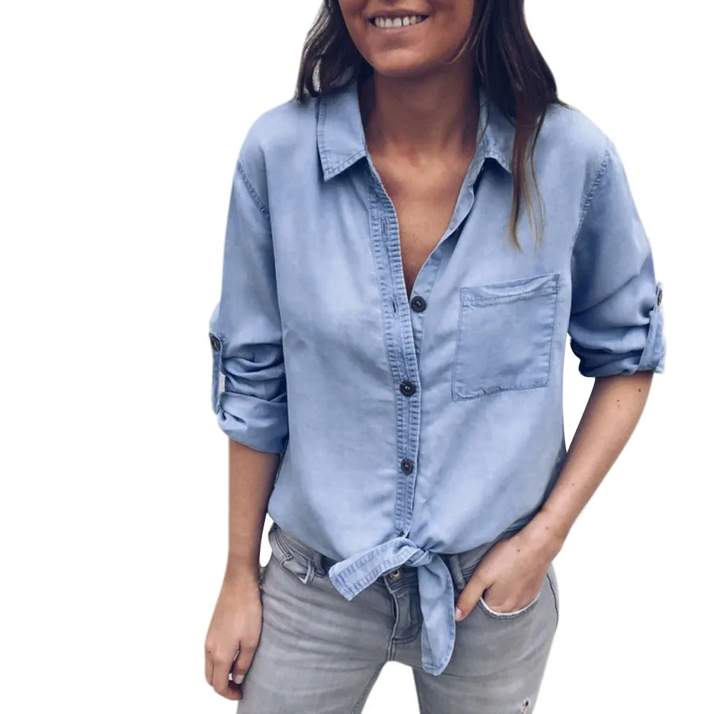 

2018 New Fashion Style Women Solid Denim Cuffed Sleeve Buttons Bandage Long Sleeve Pocket Light Blue Shirt Blouse Causual Women