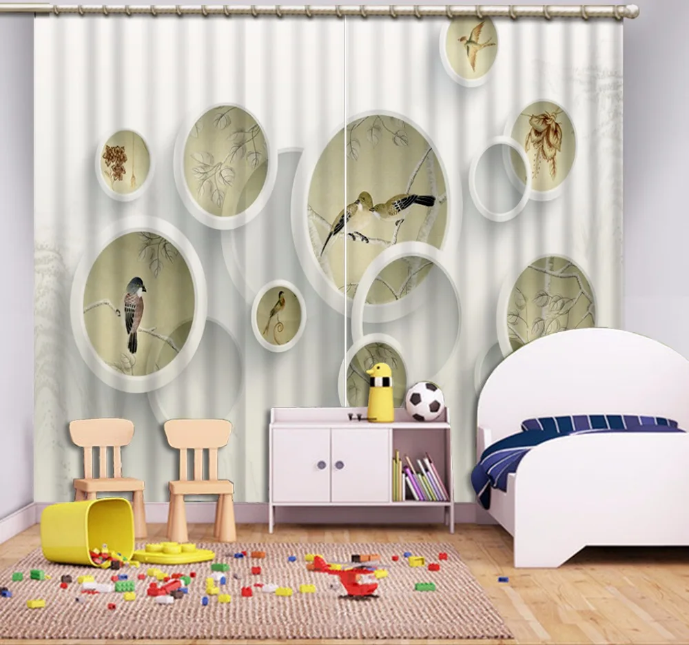 Alta calidad costom 3D cortina cortinas blancas que representa pájaros círculo cama Sala Oficina Hotel cortinas