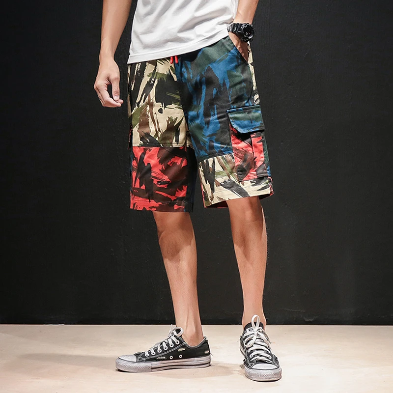 Камуфляжные шорты мужские летние хлопковые свободные пляжные шорты до колена с принтом Популярные Лоскутные свободные шорты Карго комбинезоны