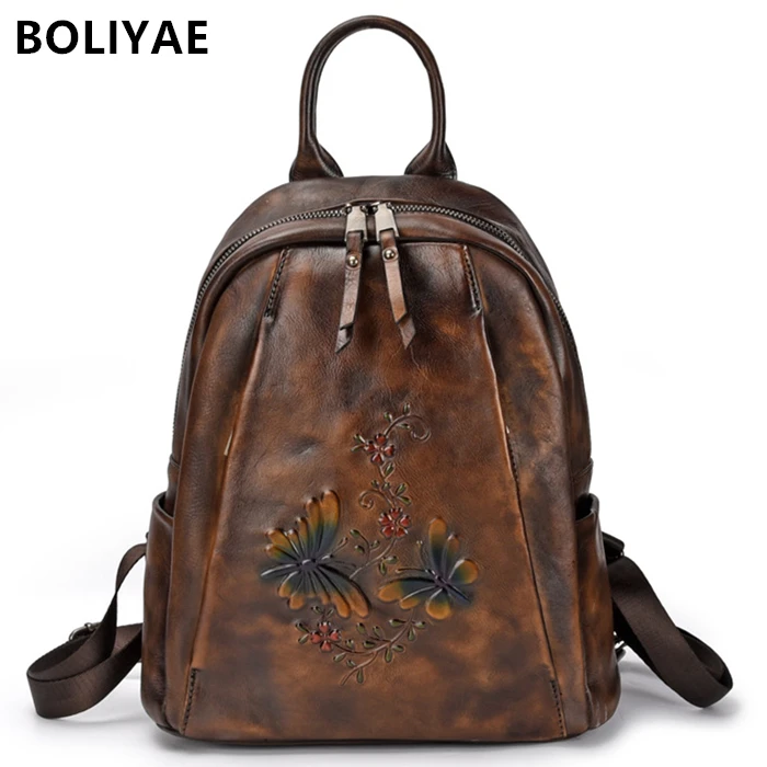 

BOLIYAE Butterflies and flowers Genuine Leather Female Backpack fashion Women casual Cowhide luxury backpack Travel Bag