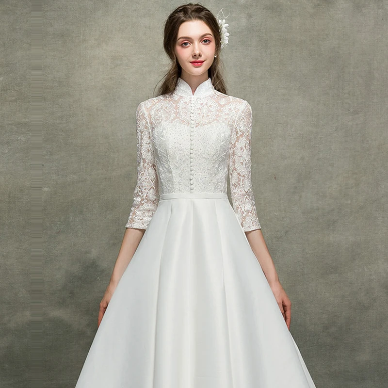 Свадебное платье сексуальное кружевное свадебное платье с высоким воротником es плюс размер элегантное Открытое платье с рукавом три четверти Vestido De Novia E666