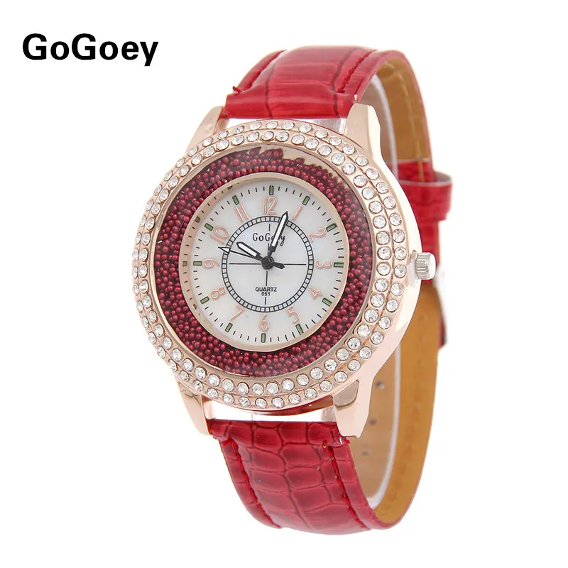 Hot Sales Gogoey brand Rhinestone Beads Leather Watch Women Ladies Crystal Dress Quartz Wristwatch Relogio Feminino go007