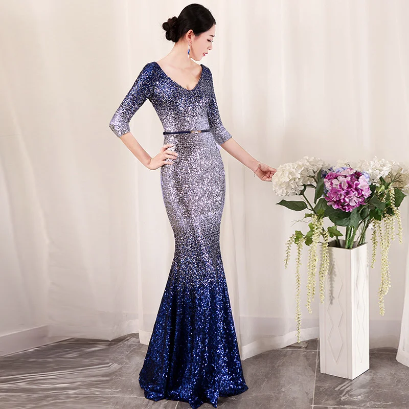 Это YiiYa модное шикарное вечернее платье с длинными рукавами, украшенное панелями, Vestidos, простое вечернее платье русалки с круглым вырезом, H210
