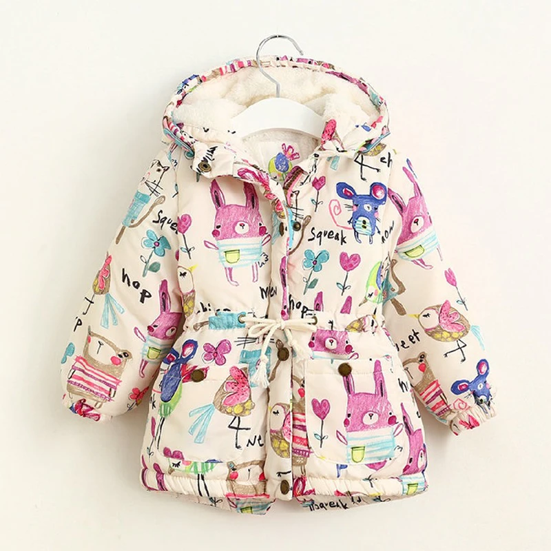 

BINIDUCKLING Lovely Girls Thick Warm Clothes Jackets Cartoon Printed Fleece Cotton Hooded Parka Baby Girl Kids Winter Clothes