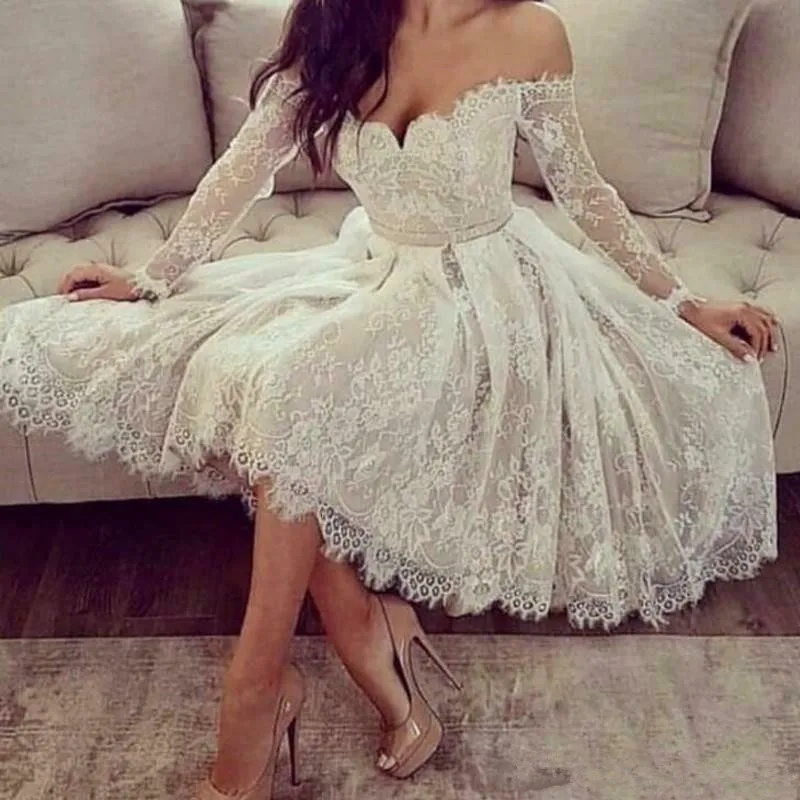 85-1      Short Off Shoulder Lace Applique Wedding Dresses Bridal Gowns