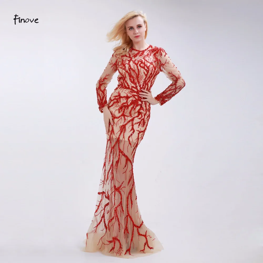 

Finove Red Beading Evening Dresses Stunning Sequins O-Neck Long Sleeve 2019 New See-Through Tulle Sweep Train Dresses for Woman