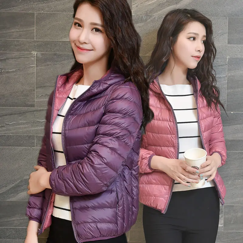

2019 New Women Ultra Light 90% White Down Jackets Two Side Wear Down Coat with Hood Reversible Winter Parka