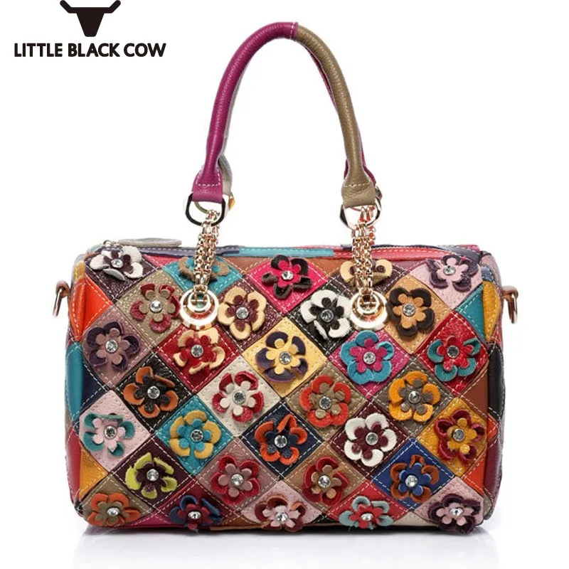 

New Cow Leather Tote Bags for Women Fashion Brand Panelled Floral Crossbody Bags for Female Medium Size Luxury Shoulder Bolsa