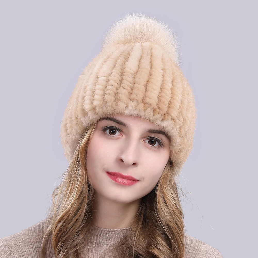 Lovely Real Mink Fur Hat Women Winter Knitted Real Mink Fur Beanies Hats With Fox Fur Pom Poms New Thick Real Mink Fur Cap