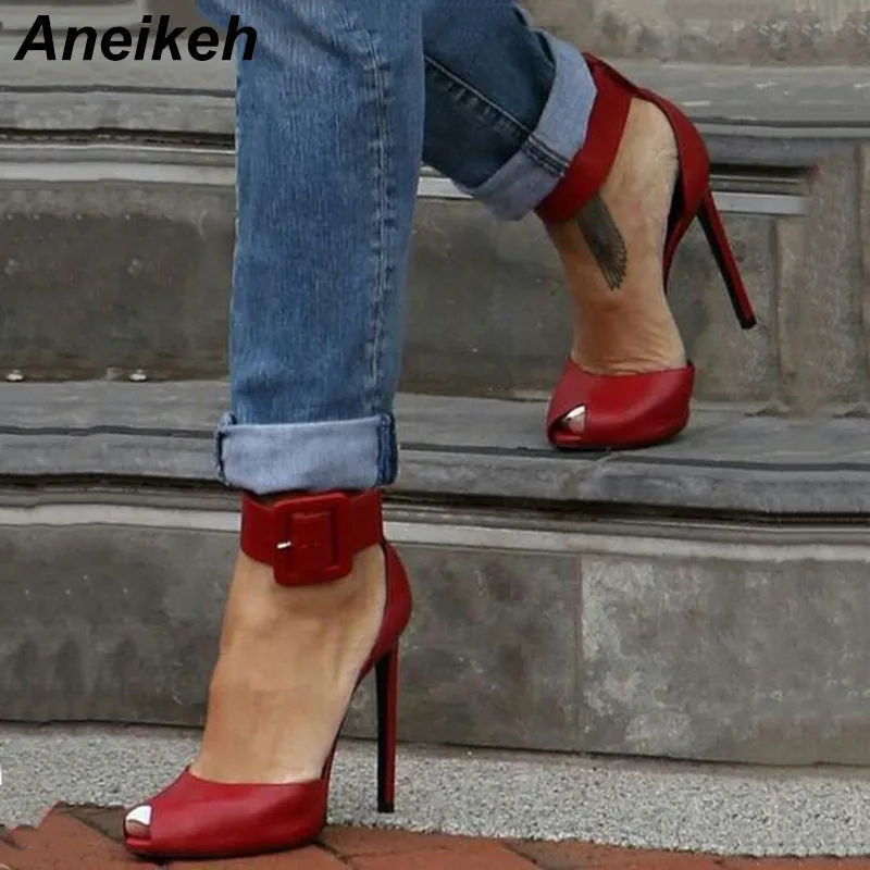 

Aneikeh Red Concise High Heel Summer Women Sandals Peep Toe Ankle Buckle Party Dress Shoes Woman Size 35-40