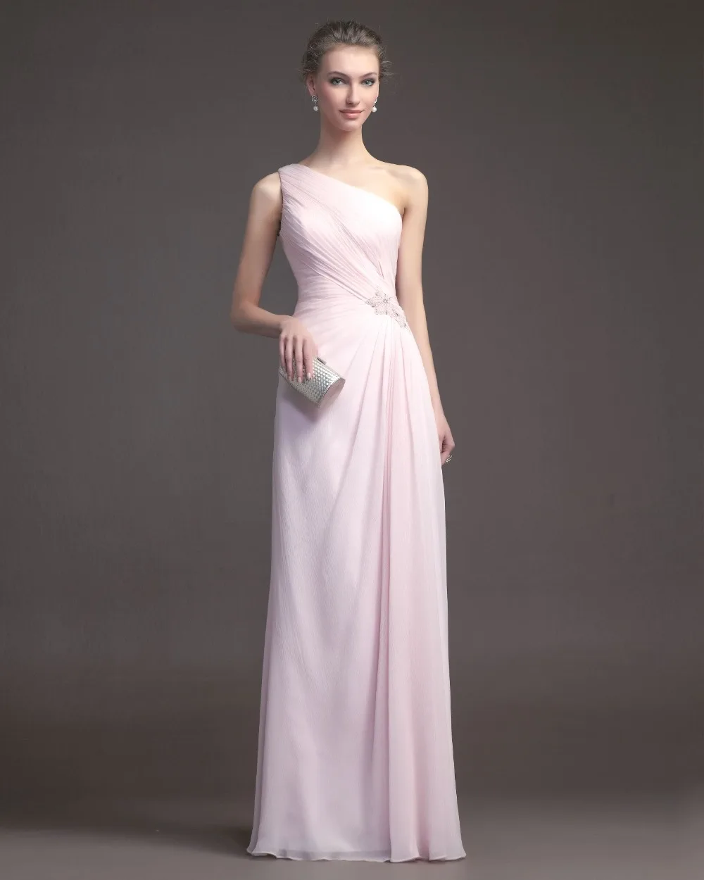 MZYE0104 one shoulder ruched bodice peach color chiffon evening dress