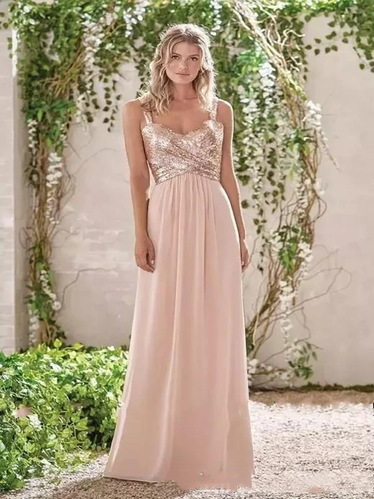 

Rose Gold Bridesmaid Dresses A Line Spaghetti Backless Sequins Chiffon Cheap Long Beach Wedding Guest Dress Maid of Honor Gowns