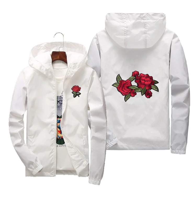 

Fashion Brand Men Jacket Windbreaker Men Women Rose Embroidery College Jackets Oversized Zipper Hooded Man Jacket