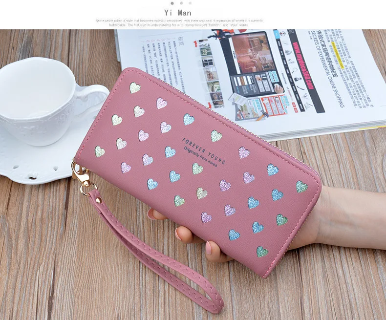 Leather women's wallet New cute Love color hollow large capacity Purses women Solid color purses Long Love zipper female wallet