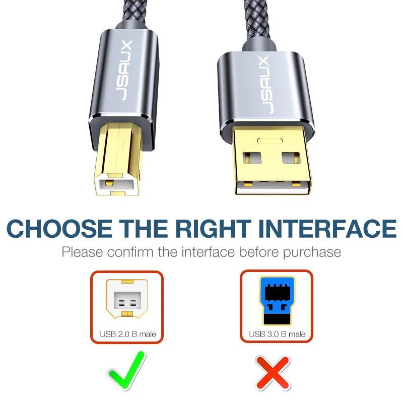 Кабель для принтера JSAUX Dell USB тип A штекер B шнур сканера 2 м/3 м высокоскоростной HP