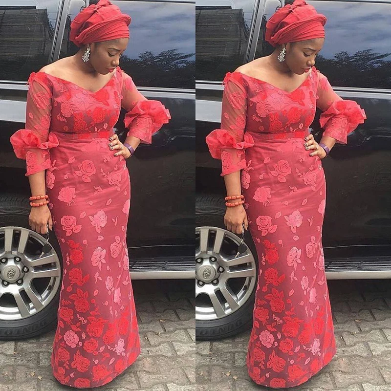 2017 South African Memaid Evening Dress Scalloped Three Quarter Sleeve Nigerian Evening Gown