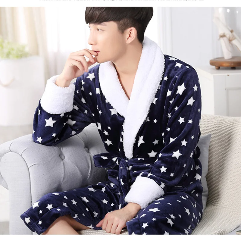 Men Flannel Sleepwear Pajama Robes Coral Fleece Warm Men's Couples