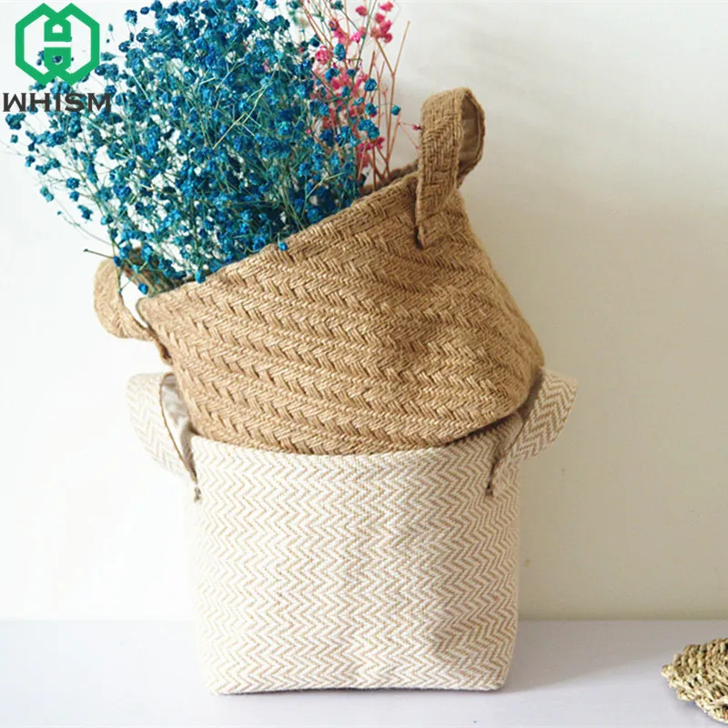 

WHISM Handmade Storage Basket Blended Flower Pot Cotton Linen Laundry Baskets Weaving Plant Box Kids Toys Organizer Handle Bag