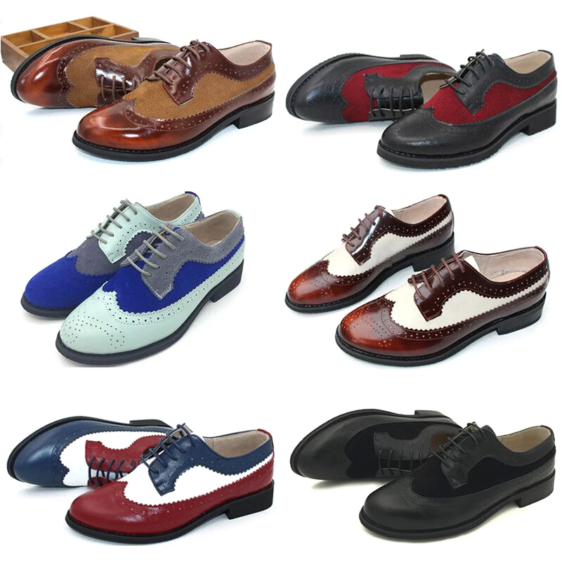 New-Brogue-Shoes-Woman-Mixed-Colors-Genuine-Leather-Oxfords-Vintage-Handmade-Ladies-Casual-Lace-Up-Flats