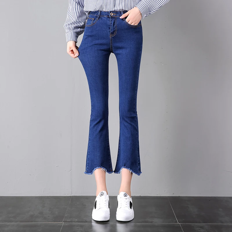 

Fashion retro micro-nine jeans irregular bell-bottoms casual women Jeans high waist black blue flare pants
