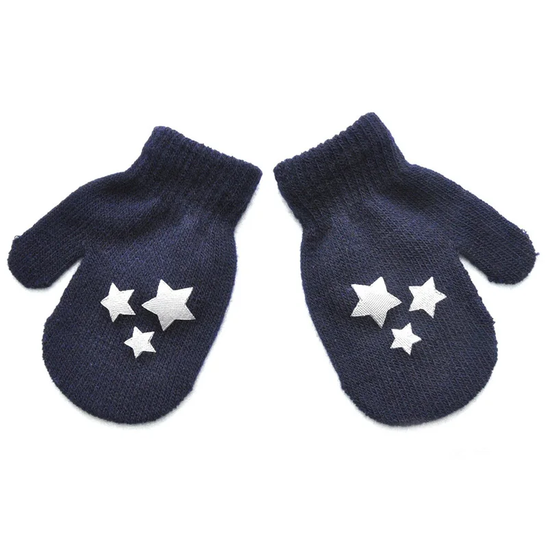 Детские варежки с защитой от царапин, в горошек, со звездами, с узором сердца, детские перчатки, мягкие вязаные теплые перчатки - Цвет: Deep blue star