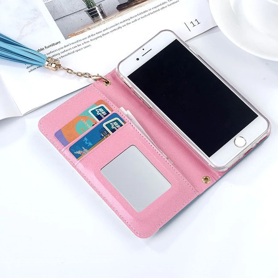 Красивый флип-чехол для Iphone X 11 pro Xs Max Xr 8 7 6 6s Plus, роскошный кожаный чехол-книжка с отделением для карт и подставкой, зеркальный чехол с бантом и кисточками