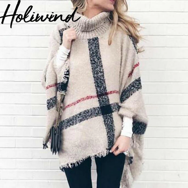 

2019 Winter Women Tassel Sweater Turtleneck Batwing Sleeves Loose Knit Capes Plaid Elegant Oversize Streetwear Knit Poncho