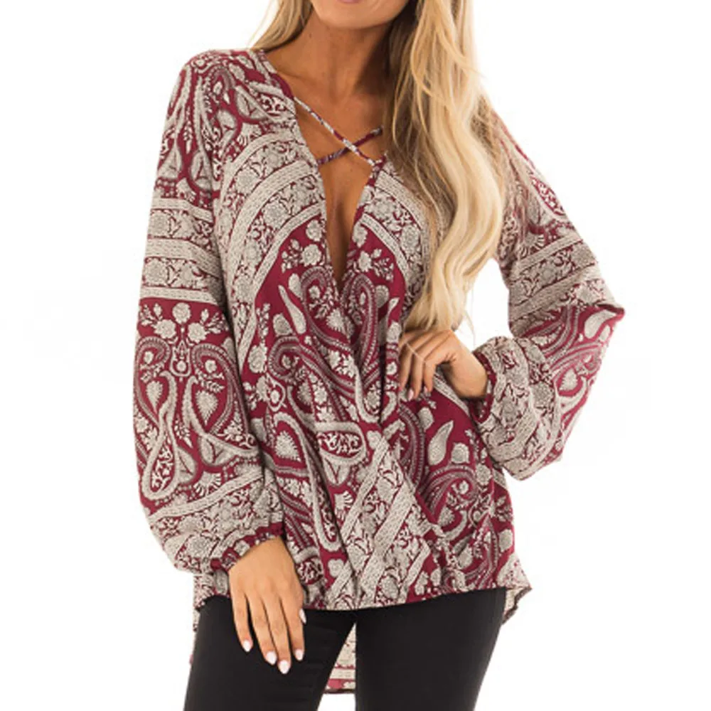 Las mujeres imprimir blusas Sexy de verano 2019 Tops señoras con cuello en V y manga larga Blusa de gasa camisa Femininas vestido Ropa de mujer Las mujeres imprimir blusas Sexy de verano 2019 Tops señoras con cuello en V y manga larga Blusa de gasa camisa Femininas vestido Ropa de mujer