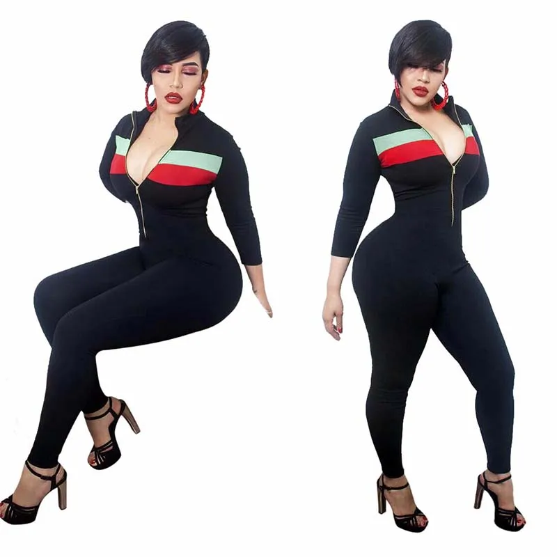 

Sexy Front zipper jumpsuit Striped Print Rompers Women Long Sleeves Long Pants Bodysuit Casual Black Bodycon Party Skinny