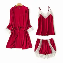 Новое однотонное женское свадебное подвенечное кимоно, халат, сексуальный короткий атласный спа Ночное платье, кружевная Пижама, пижамный комплект, летний комплект из 3 предметов, одежда для сна