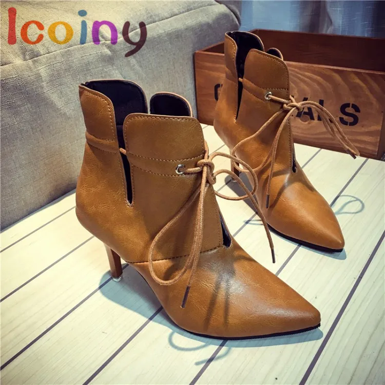 

Women Stiletto Ankle Boots 2016 Brand Pointed Toe Fashion Boots Ladies High Thin Heels Pumps Lace-up Boots Mujer Botas