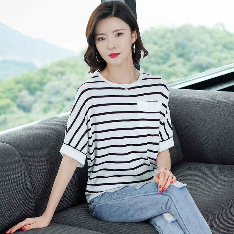

Летняя футболка женская с коротким рукавом корейский новый полосатый топ футболки женские свободные большие размеры o-образным вырезом повседневные футболки одежда H9273