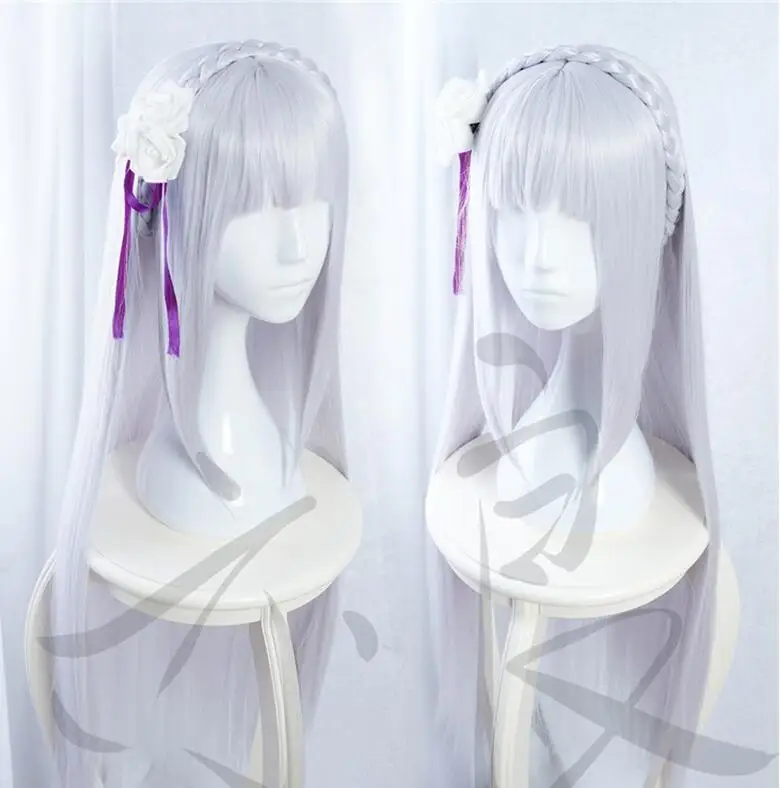 Anime Re: Life in a Different World from Zero Emilia Cosplay Wig Long Silver Purple Synthetic Hair + Cap Flower | Тематическая