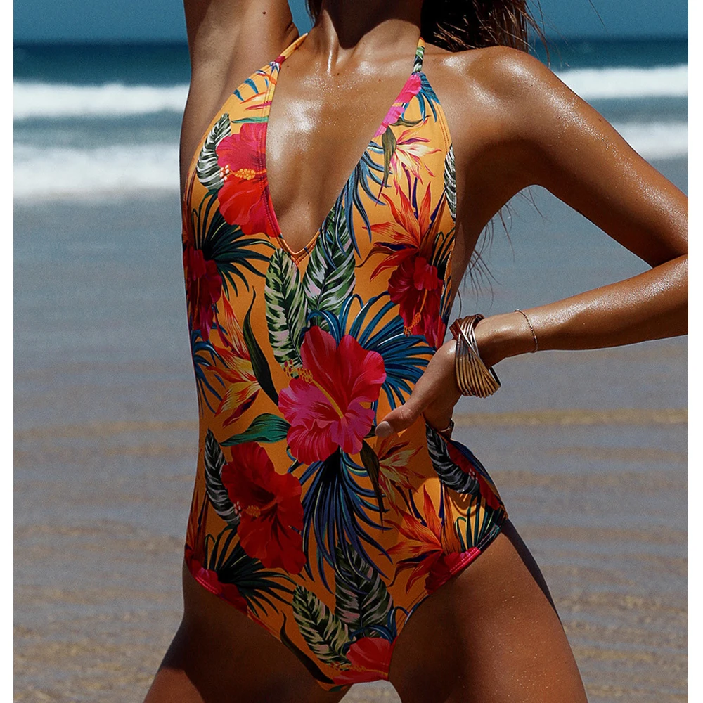 

2019 Tropical Palm One Piece Swimsuits Sexy Floral Printing Halter Swimwear Low Back Bathing Suit Women Backless One-piece Suits
