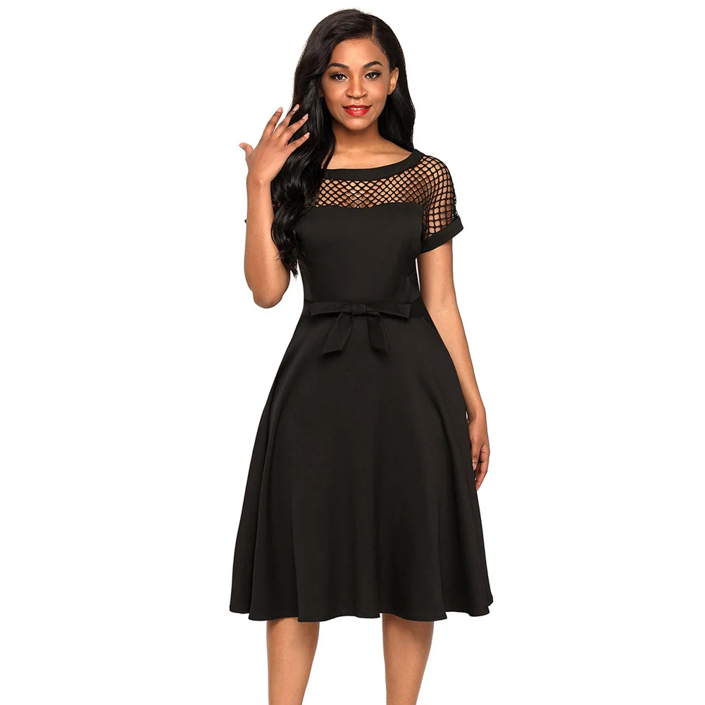 

Elegant Mesh A-Line Summer Dress Solid Short Sleeve Women Dresses O Neck Mid-Calf Vestidos