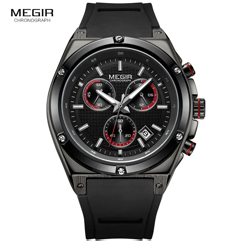 Megir Men Black Silicone Sports Quartz Wrist Watches Luminous 