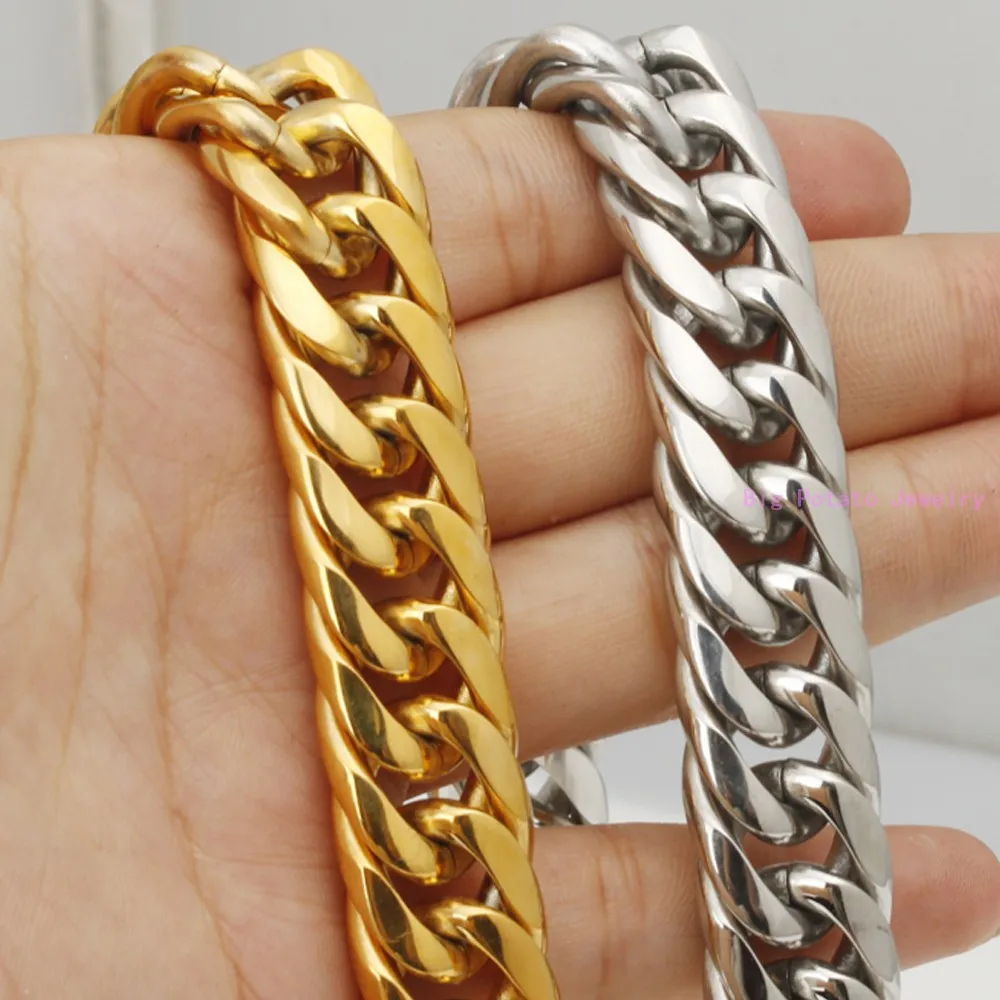 

Huge Heavy 18mm Wide Silver Gold Cuban Curb Link Chian Stainless Steel Necklace/Bracelet For Cool Mens Gift 7-40inch Free Choose