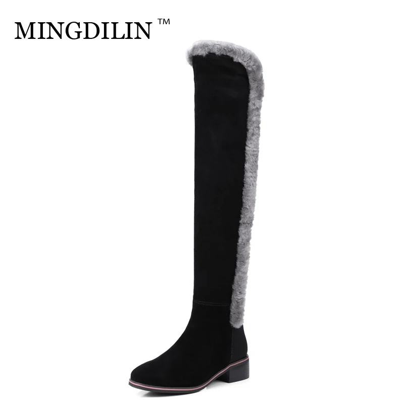 

MINGDILIN True Rabbit Hair Fashion High Boots Large Size Black Round Head Shoes Natural Leather Low Heeled Keep Warm Women Shoes