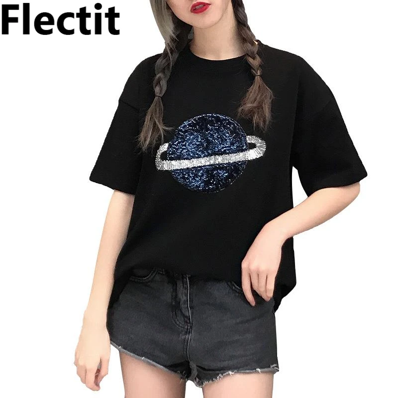 

Flectit New 2019 Summer Fashion Planet Saturn Sequined T-Shirt Women Cotton Short Sleeve O-Neck Tops Tees Harajuku Tshirt *