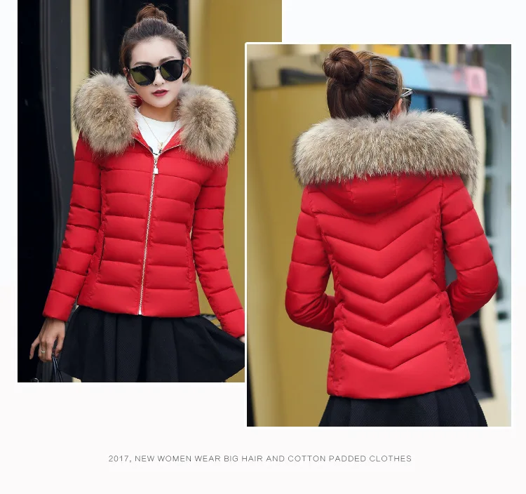 Зимние женские парки, теплая тонкая Хлопковая женская короткая куртка с капюшоном, верхняя одежда, толстая элегантная шапка с мехом, красные женские зимние пальто MDR01