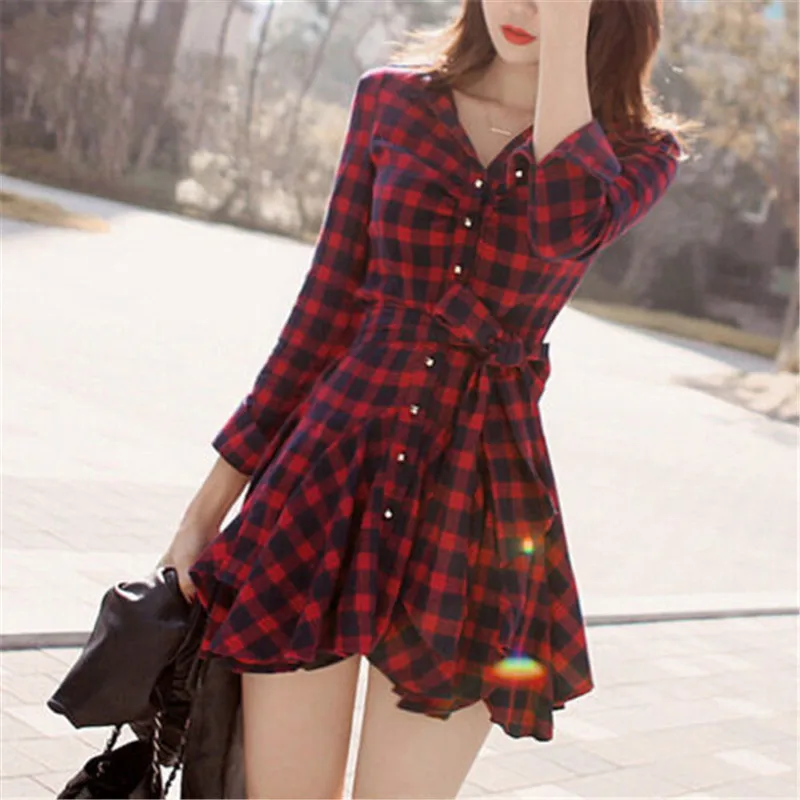 

Women Fashion Long Sleeve Wrap Dress Red Plaid Shirt Dresses Vintage Party Dress Casual A-line Mini Dress Button-down Clothes