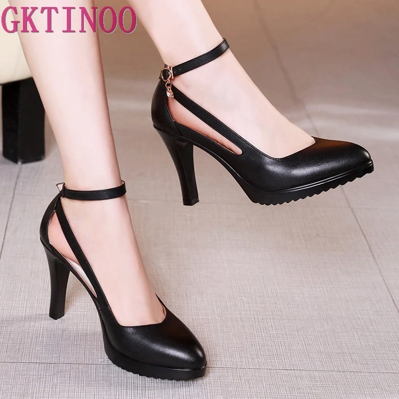 

GKTINOO Lady Pumps Pointed Toe Office Lady Pumps Buckle Strap Platform High Heels Women Shoes Four Season Leather Shoes