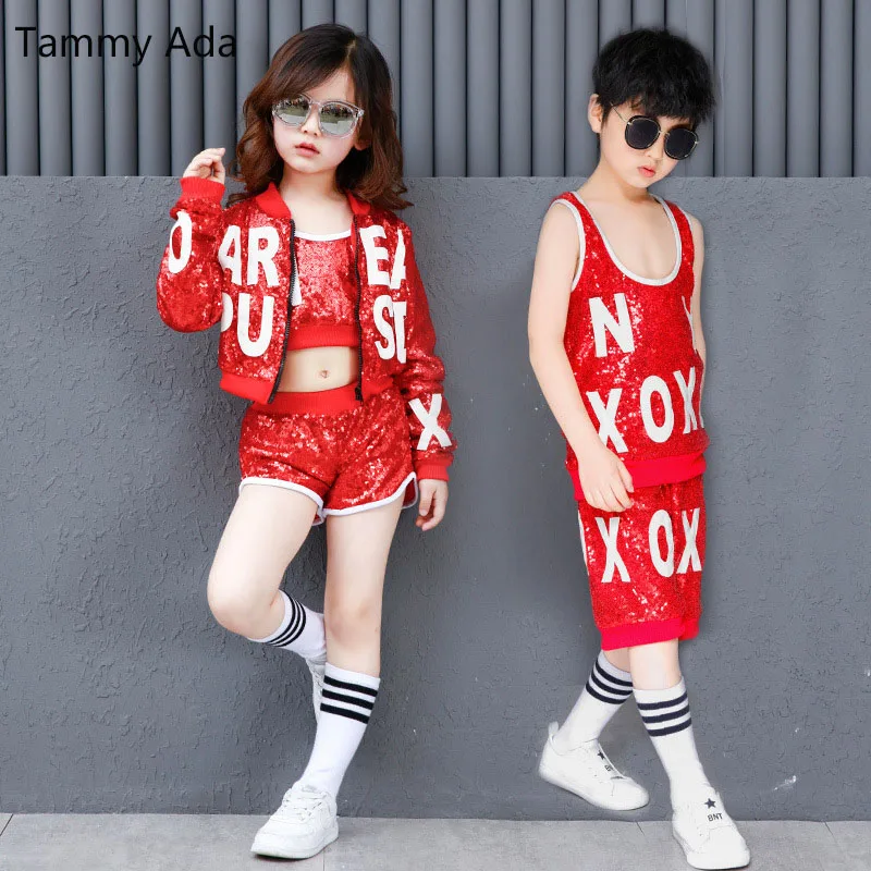 Tammy/ красный укороченный топ с блестками для девочек, шорты и куртка комплект из 3 предметов, детская одежда для джазовых танцев детские костюмы, комплект одежды для танцев в стиле хип-хоп