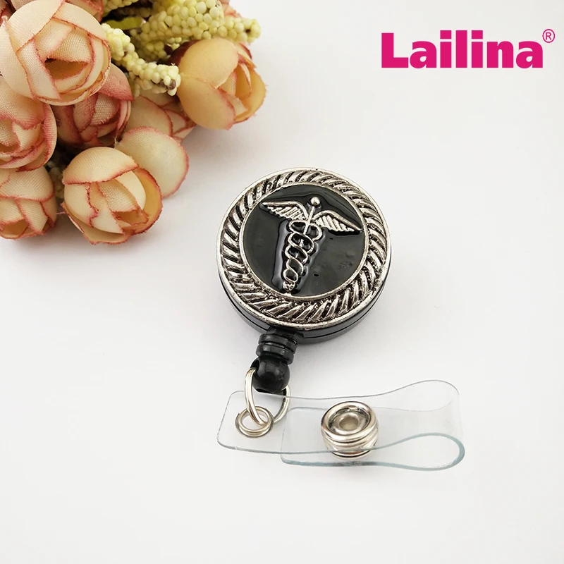Medical Doctor Nurse Black Retractable ID Badge Reel / Angel Wings
