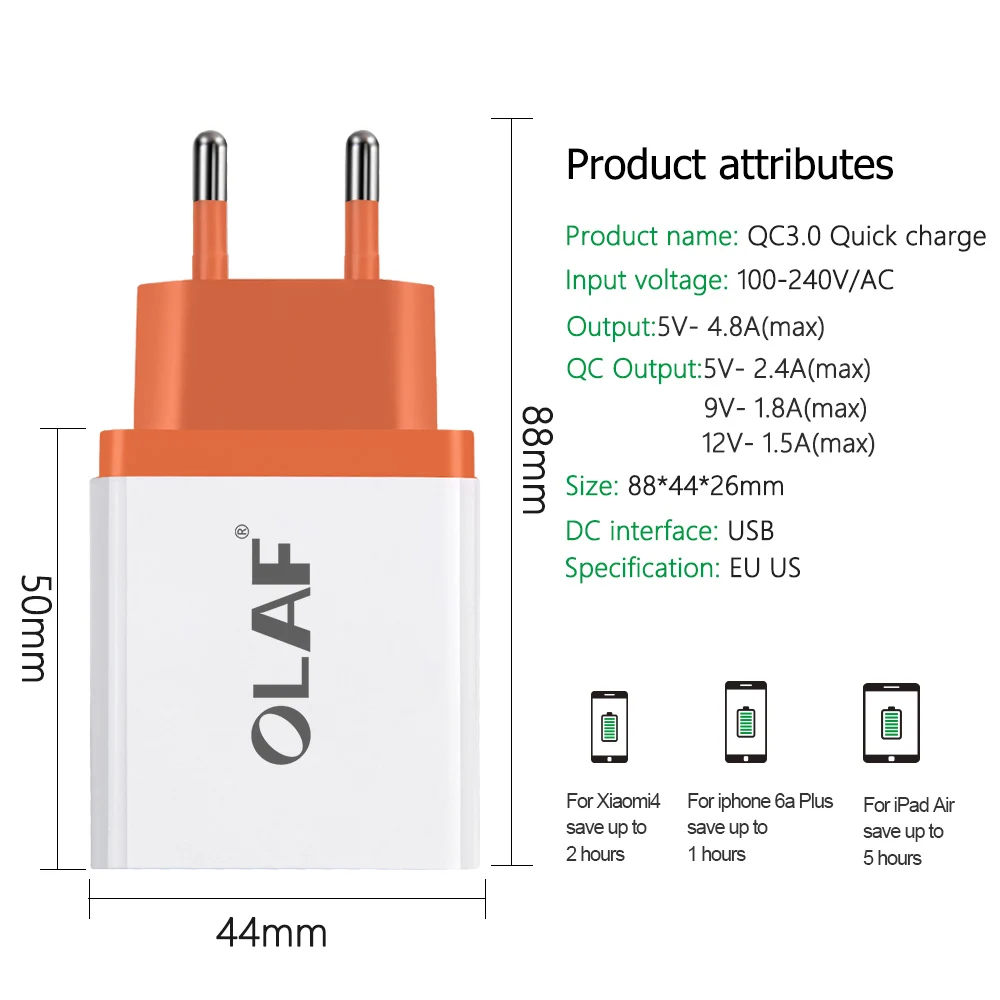 Olaf USB Charger Quick Charge 3.0 2.0 EU Phone Charger 3 Ports USB Travel Fast Charger Adapter for iPhone Xiaomi Samsung Tablets (2)