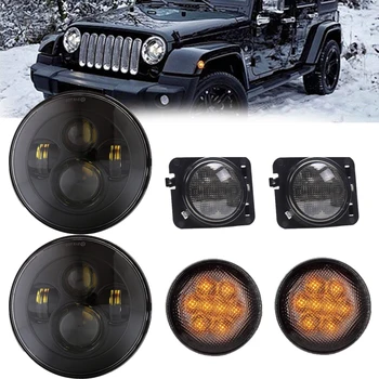 

wzjoo One pair 40W High Power 7" Round LED Headlights with Fender Flares Indicator Turn Light for 07-15 JEEP Wrangler