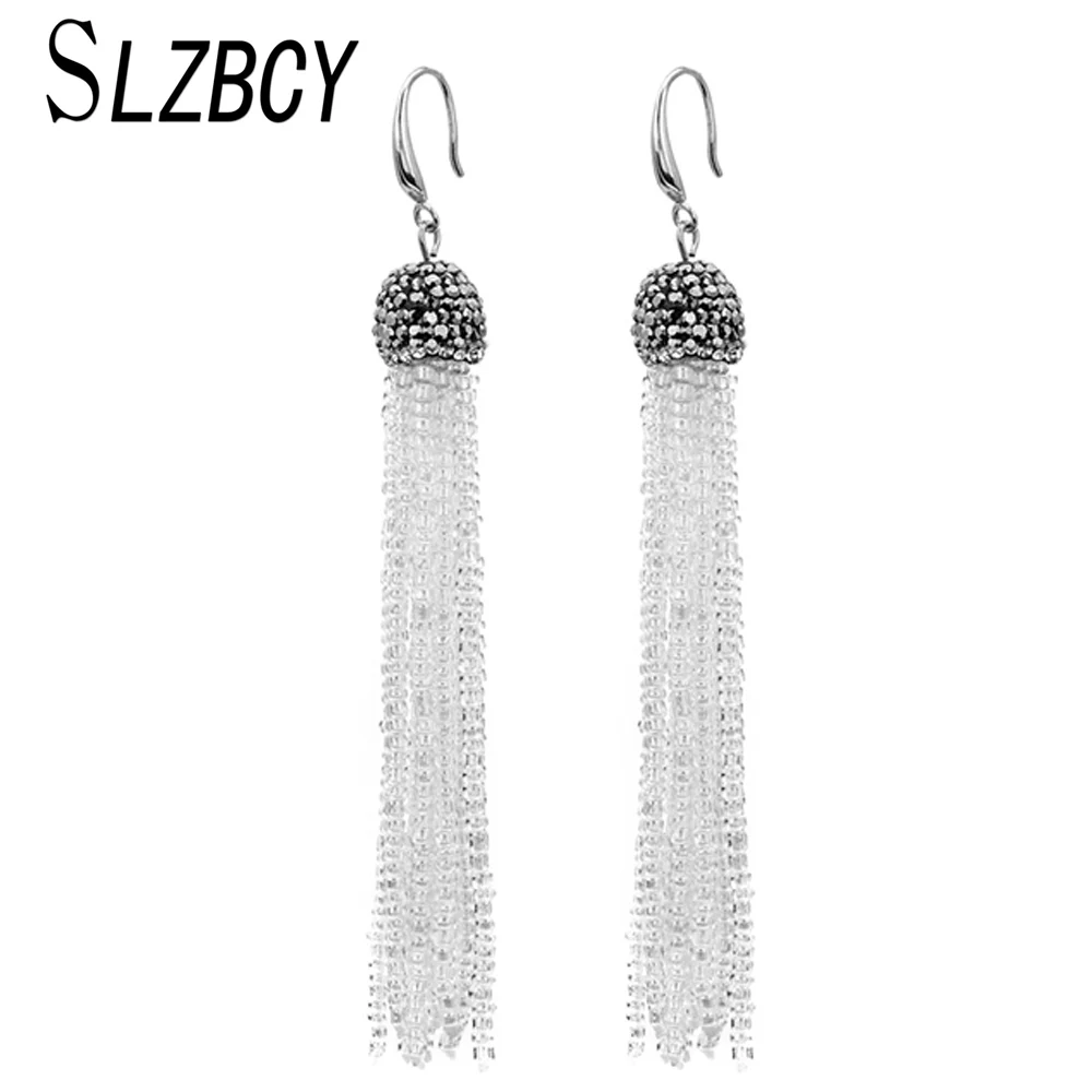 SLZBCY Bohemian Crystal Seed Beads Tassel Dangle Earrings For Women Girls White Black Long Drop Earring Fashion Jewelry Gift