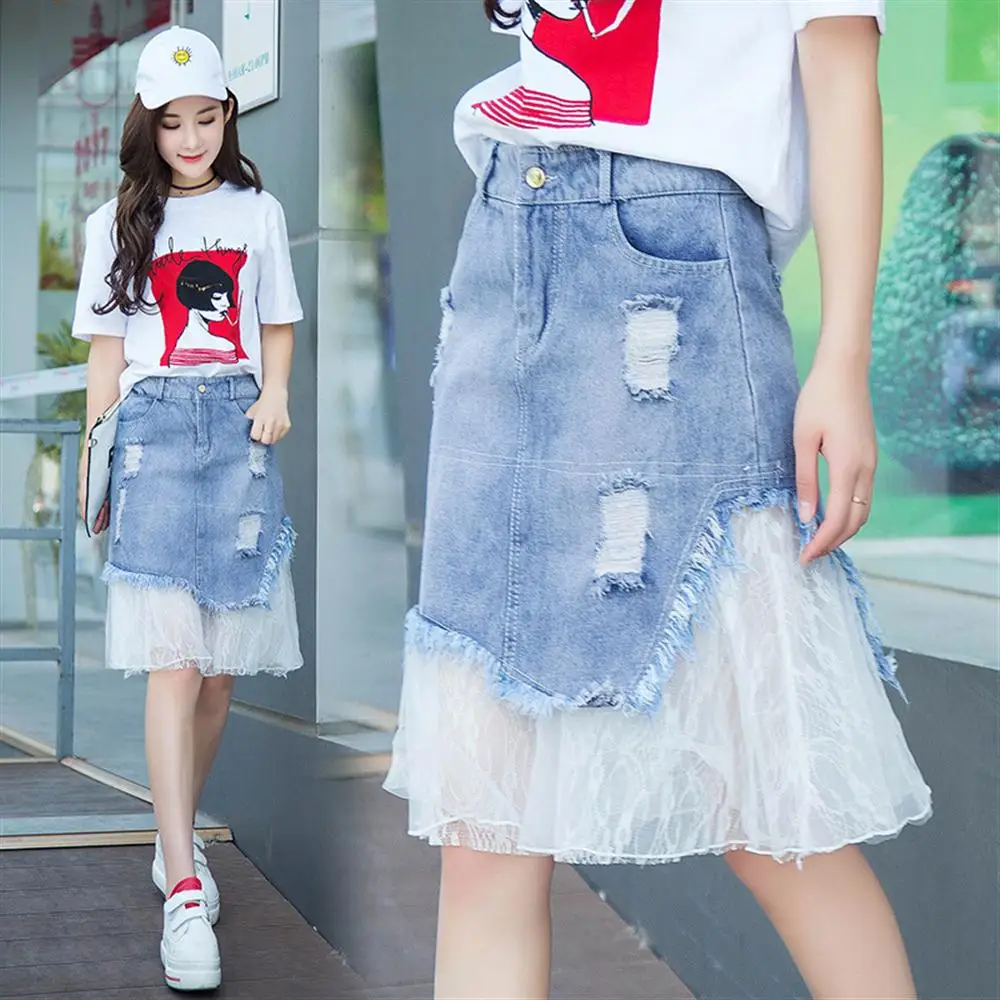 Lace Patchwork Holes Skirt Women Skirts Fashion Denim Skirt Cute Ladies