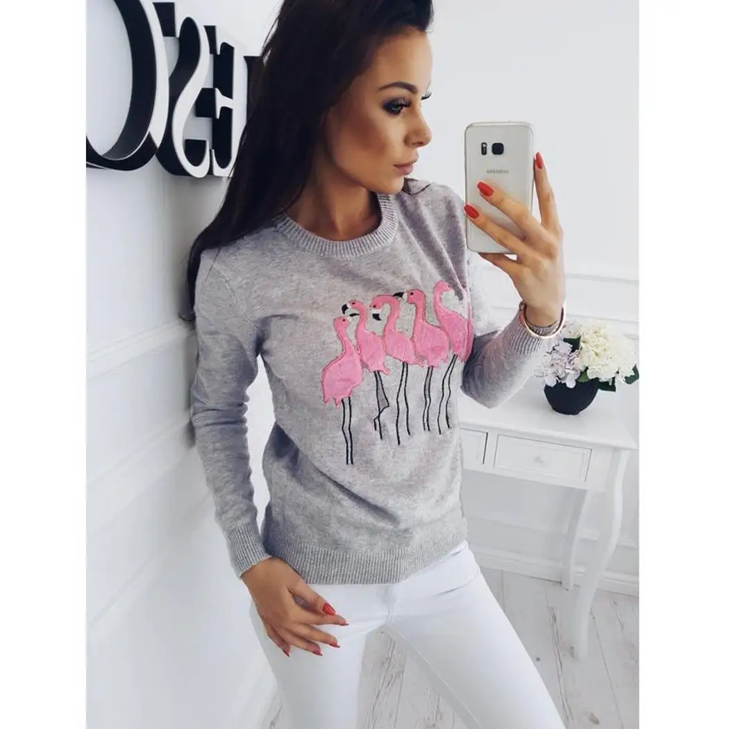 

O utdoor Bird Autumn Street Sleeve Flamingo Women Embroidery Casual Spring Pullover Neck Sweatshirt Summer etc Long Front